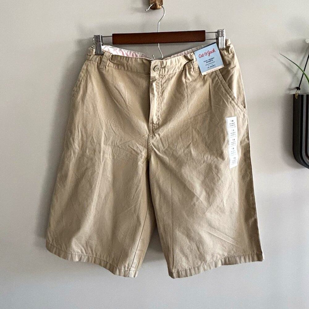 Cat & Jack Boys 18 Husky Beige Flat-Front Cotton Twill Shorts Snap, Pockets